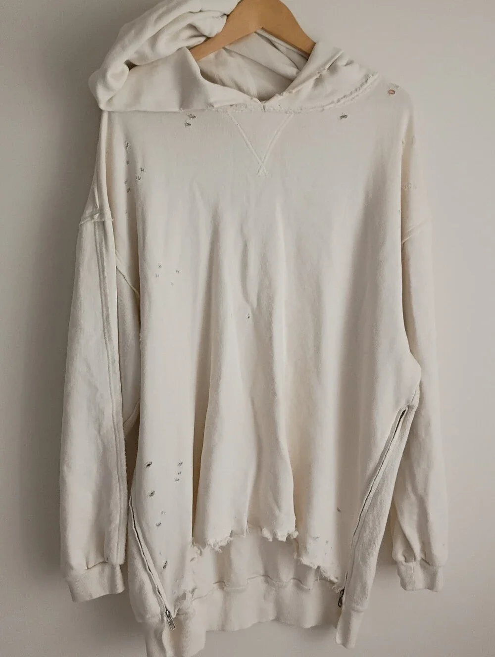 Free People Everyday Hoodie Sweatshirt Oversize Distress Harbor Fog Ivory Cream